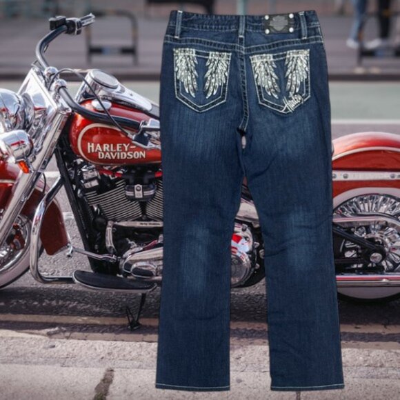 Harley-Davidson Curvy Boot Cut Embellished Rhinestones Wings Women's Blue Jeans - Picture 1 of 16